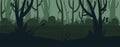 Vector illustration landscape background. Night on the green swamp with dark trees. Mystery silhouette wild tropic jungle forest